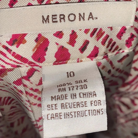 Merona Pink & White Aztec Print 100% Silk Flare / Pleated Zip Side Skirt - Picture 2 of 3